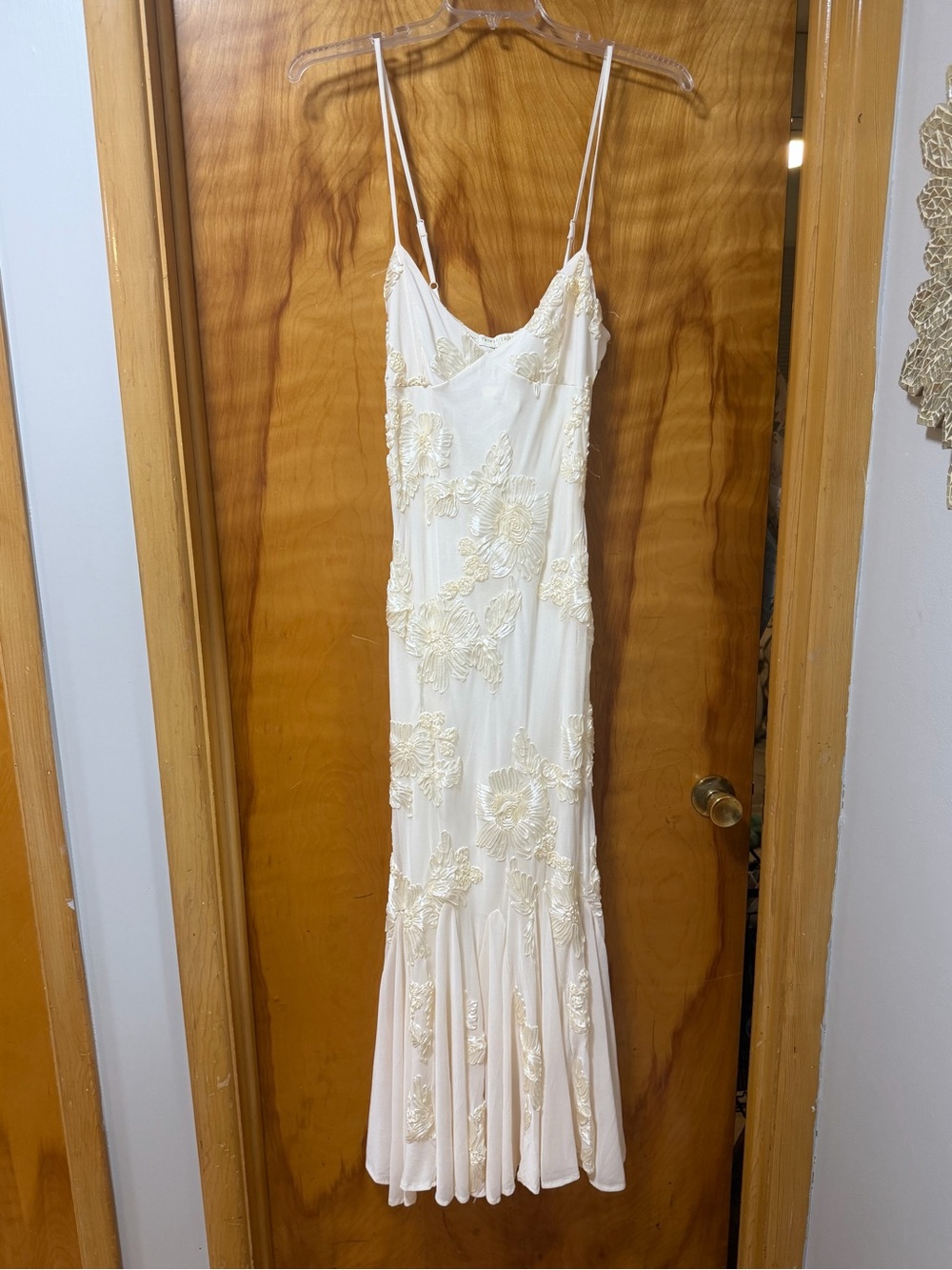 Ivory Lace-Appliqué Maxi Slip Dress with Spaghetti Straps